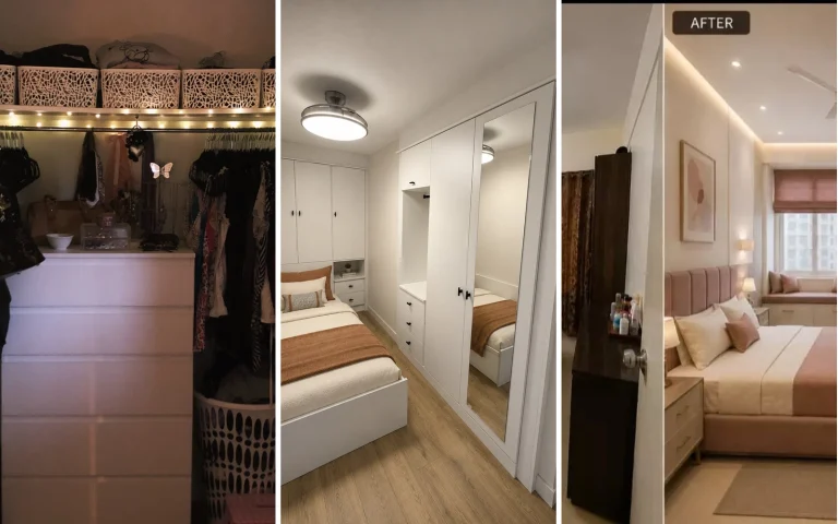 Three small bedroom organization ideas: a real walk-in closet with bins, fitted white wardrobes, and a renovated bedroom with window-seat storage