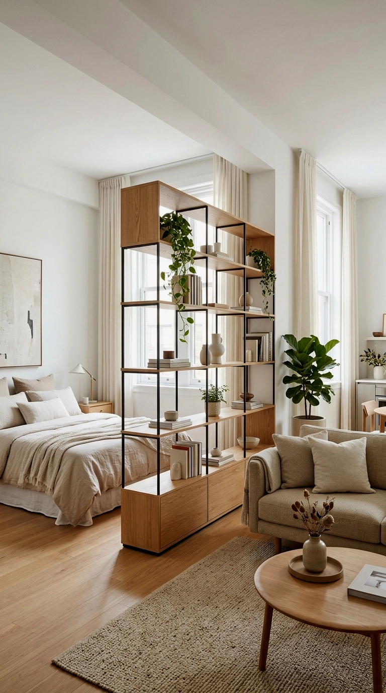 2. Bound the bed with a screen, curtain or open shelf