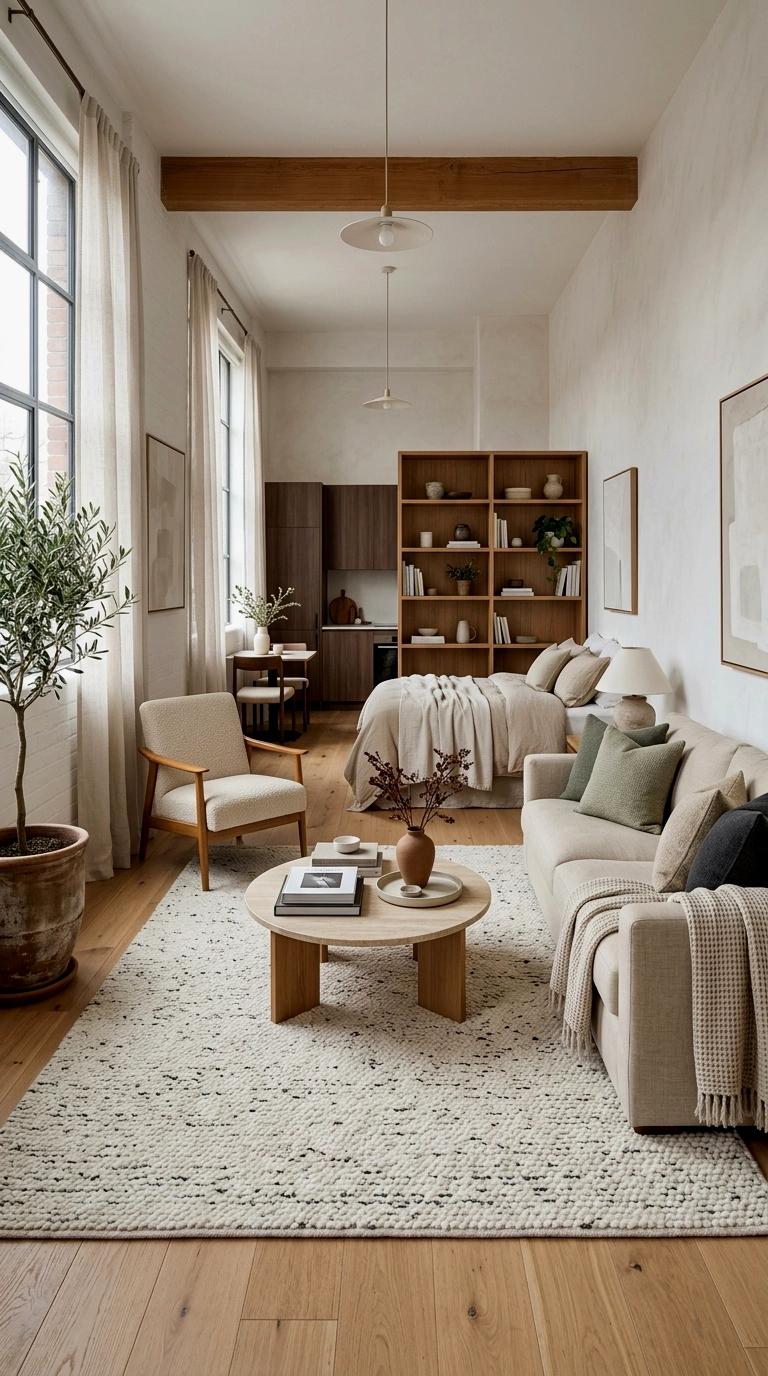 4. Anchor the living area with the studio's biggest rug