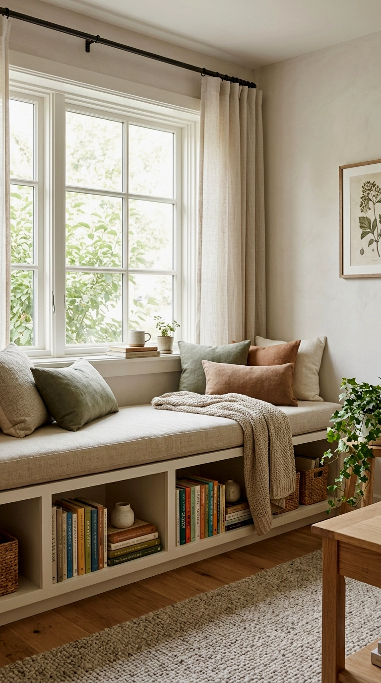 7. Build a window seat from low bookcases