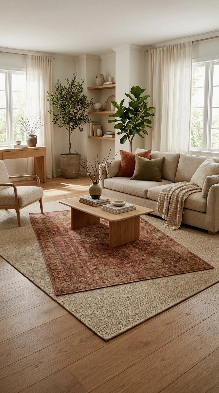 3. Layer a clay toned rug over the existing one