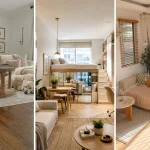 Three small living room ideas that look bigger: an oversized pale rug, mirrors that reflect the windows, and sheer curtains run to the ceiling