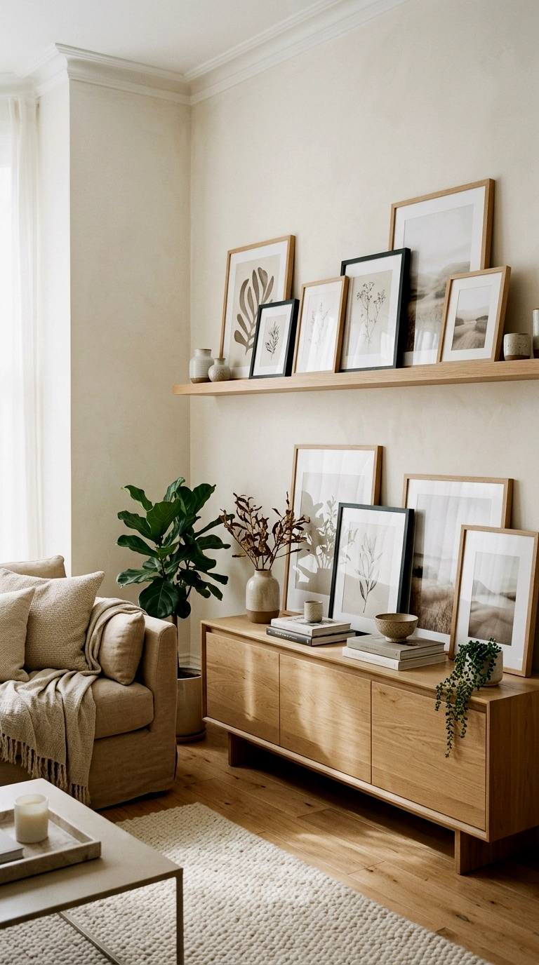 2. Prop framed prints on shelves and sideboards