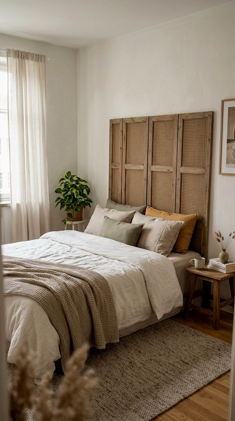 3. Stand a folding screen as a headboard or zone divider