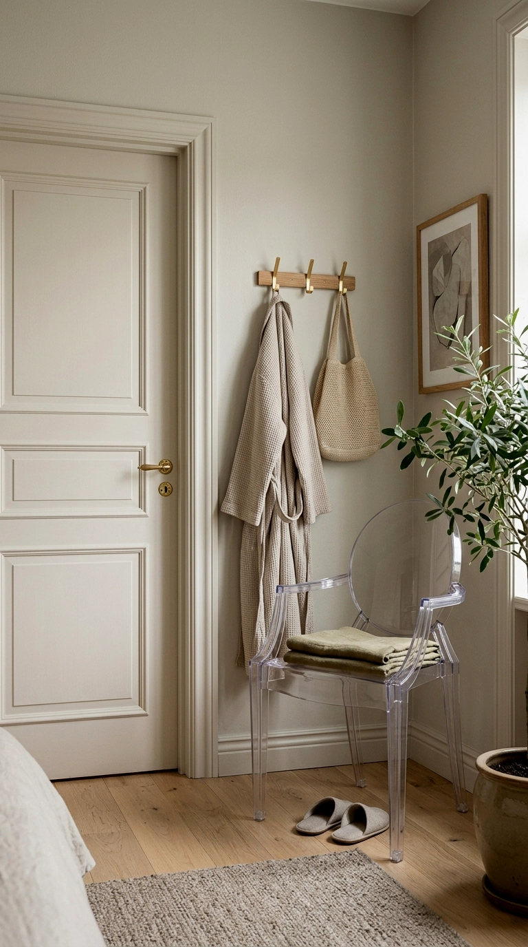 12. End at the door: hooks, robe, and the chair cleared