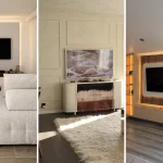 Three small living room TV ideas: a wall-mounted TV over a low walnut console, a Frame TV showing art, and a wood-slat media wall